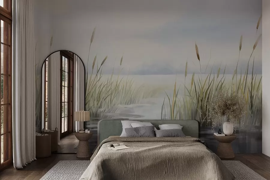 Valokuvatapetti Akvarelli kuvioitu maalaus jäljitelmä maisema järvi, ruoho, pilvinen taivas ja sumea tausta w09219