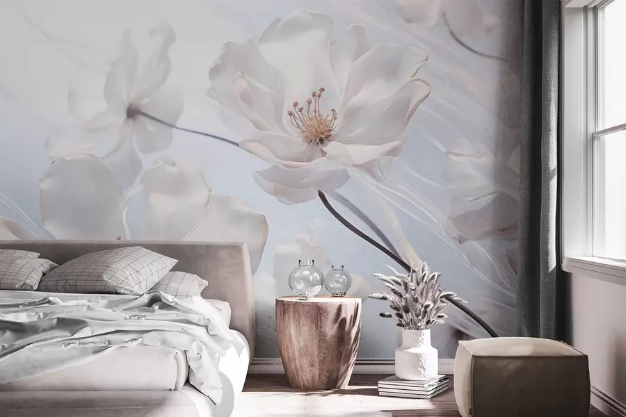 Valokuvatapetti Valkoiset kuvioidut läpinäkyvät kukat herkillä terälehdillä, pehmeä vaaleansininen tausta, elegantti, romanttinen, unenomainen w09233