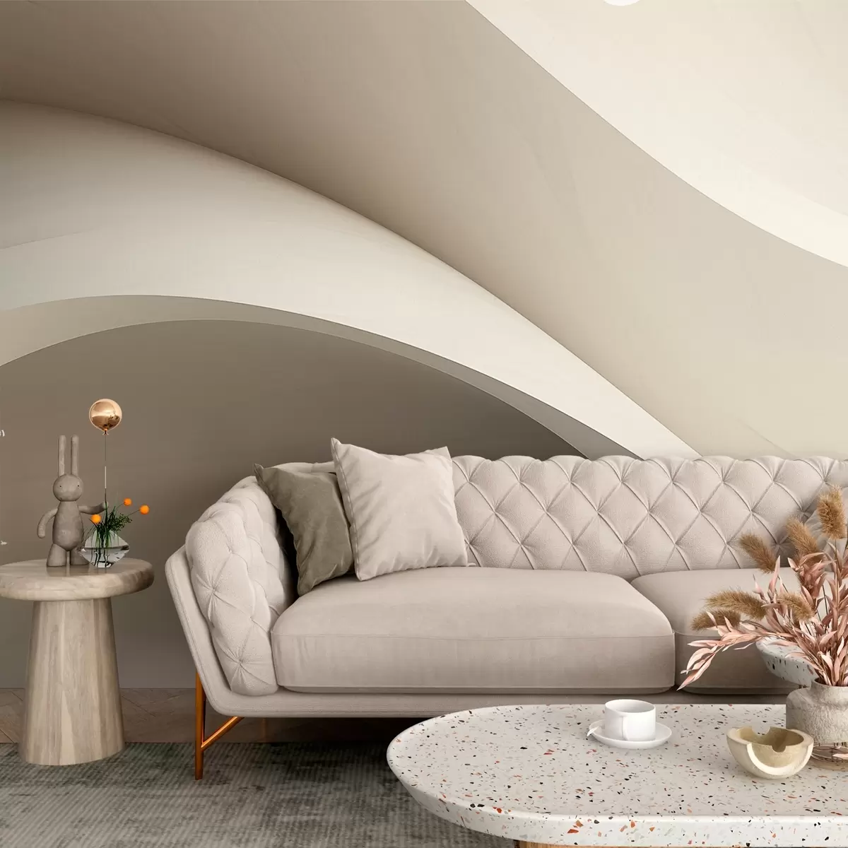 Valokuvatapetti abstraktio, aallot, pehmeät käyrät, beige, sileä, linjat, moderni w04217v1