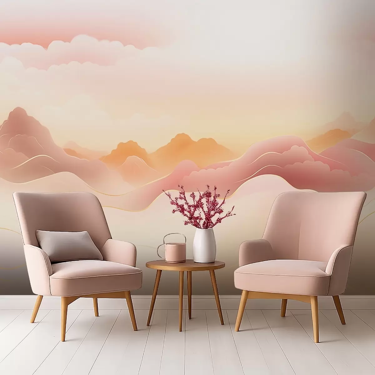 Valokuvatapetti Sumuisia vuoria lämpimän auringonnousun alla w09242