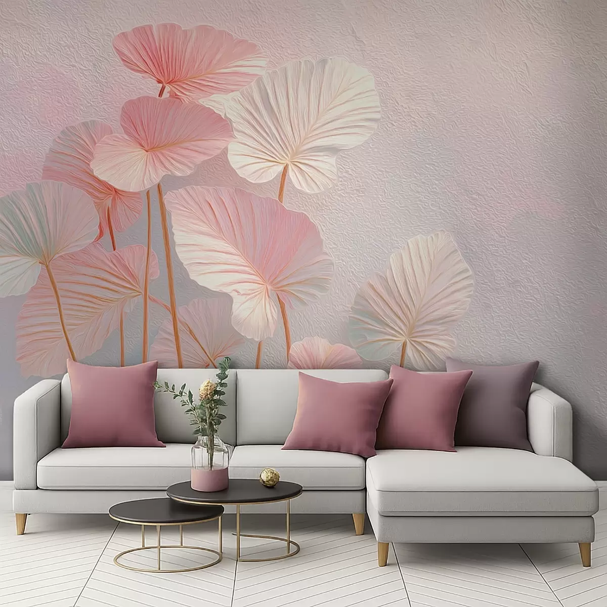 Valokuvatapetti Tyylikkäät suuret trooppiset lehdet pehmeän vaaleanpunaisen ja sinisen sävyissä w09252