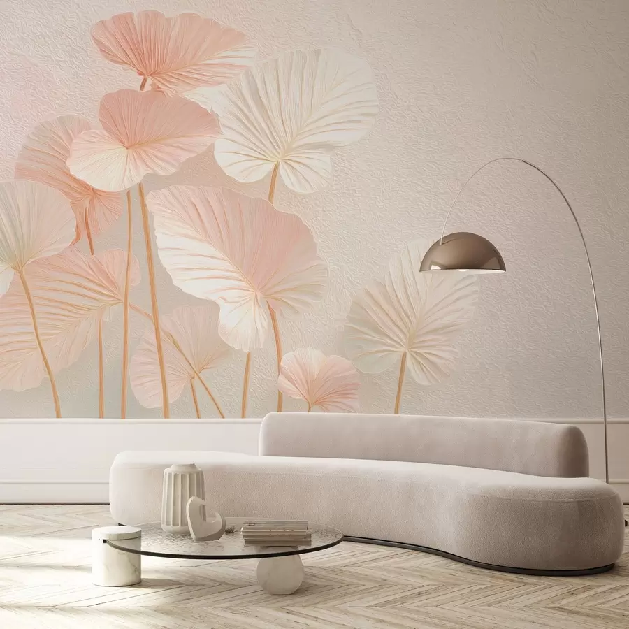 Valokuvatapetti Tyylikäs suuri trooppinen lehdet herkkä vaaleanpunainen väri w09252v1