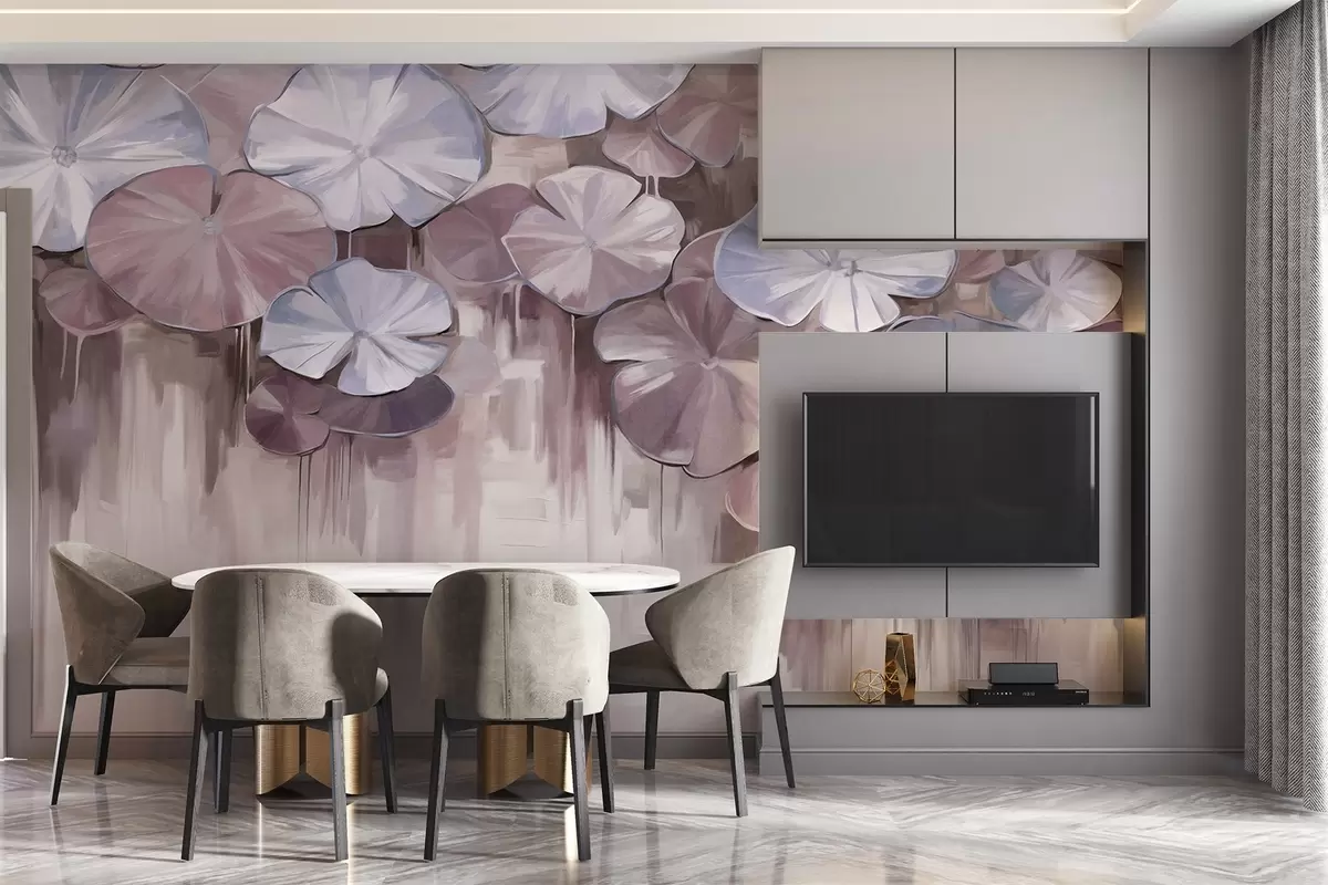 Valokuvatapetti Teksturoituja liljatyynyjä, joissa on violetit ja siniset värit lammessa, tausta on sumea sekoitus violetin pehmeitä sävyjä w09255v1