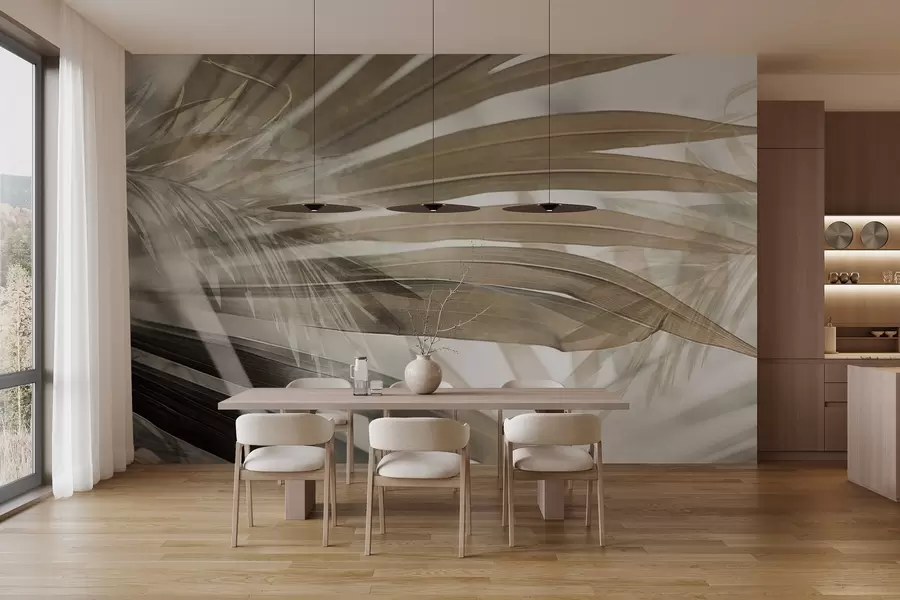 Valokuvatapetti Palmunlehdet, joissa on vaaleanruskea sävy, päällekkäin ja luoden kerroksellisen vaikutelman pehmeää, neutraalia taustaa vasten w09256