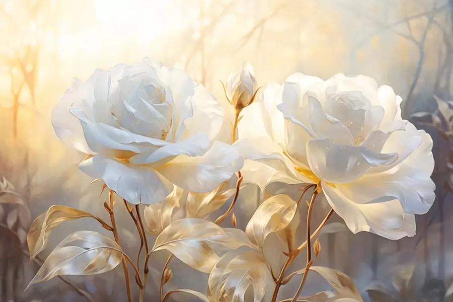 Valokuvatapetti Valkoiset kuvioidut ruusut, keltaiset varret ja lehdet, pehmeä valaistus, vaalea tausta, jossa on sumeat kukkamuodot w09258