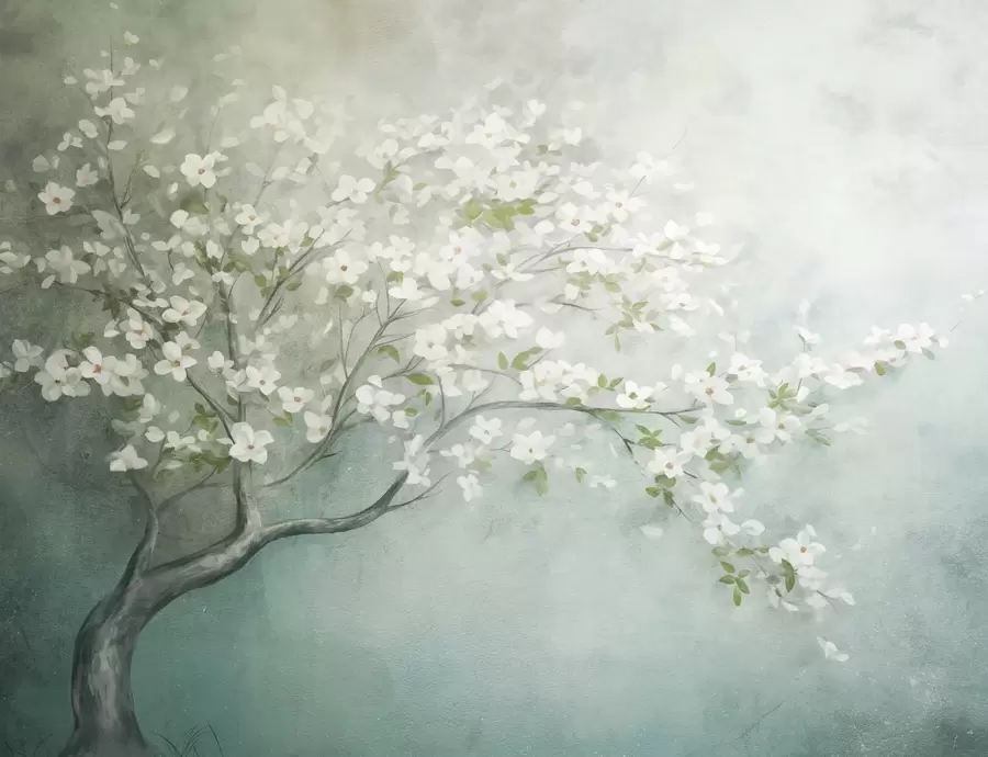 Valokuvatapetti Kukkiva puu, jonka valkoiset kukat ovat täydessä kukassa, rakeista, meluisaa, mykistävän sinistä ja vihreää taustaa vasten w09261