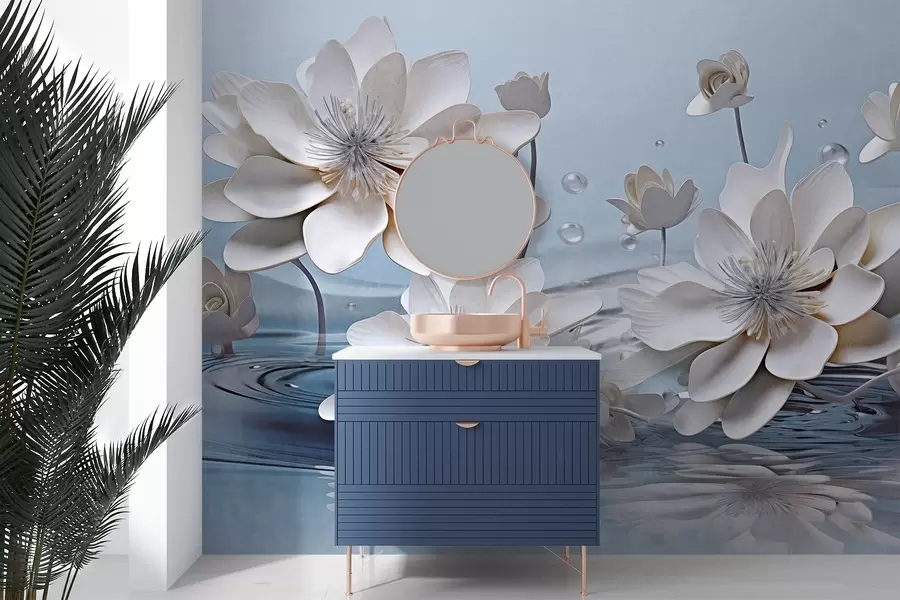 Valokuvatapetti Valkoiset kuvioidut kukat, joissa on vesipisaroita, heijastuksia veden pinnalla, vaaleansininen tausta, tyylikäs muotoilu w09262