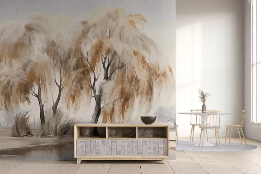 Valokuvatapetti Ruskean ja valkoisen lehdet omaavat pajupuut järven rannalla, joiden ympärillä on ruohoa, sumuisena päivänä w09268