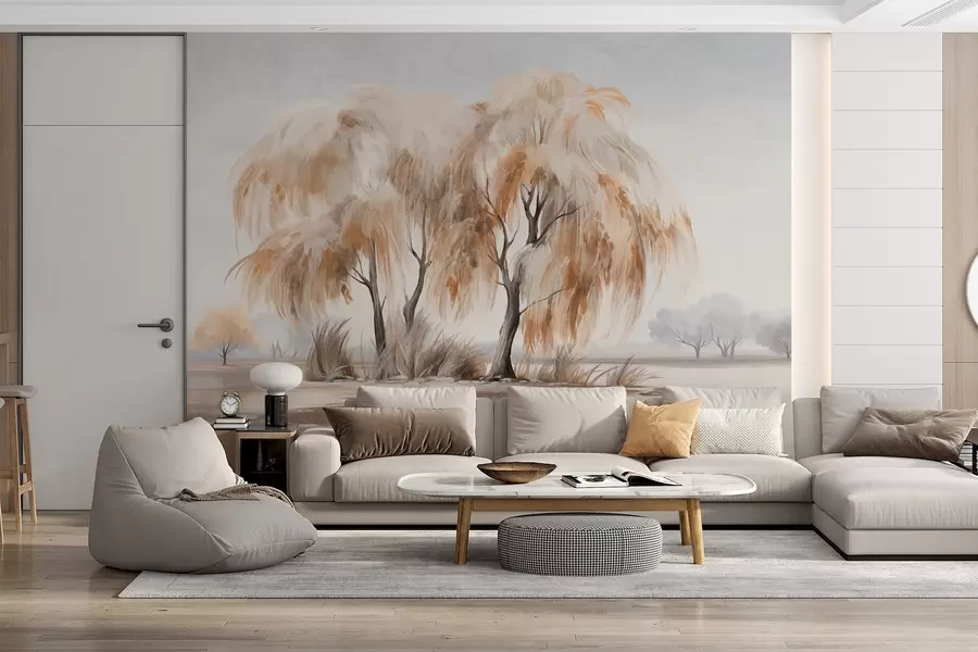 Valokuvatapetti Ruskean ja valkoisen lehdet omaavat pajupuut järven rannalla, joiden ympärillä on ruohoa, sumuisena päivänä w09268