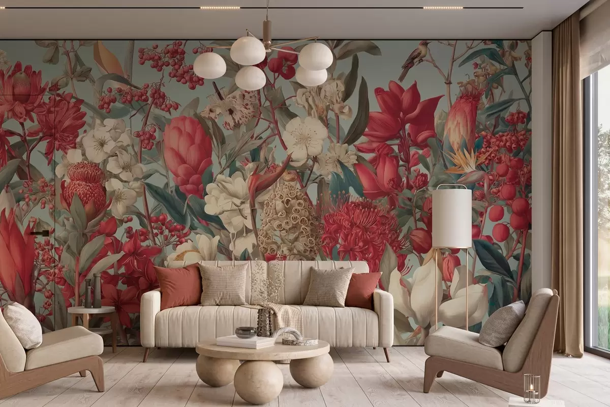 Valokuvatapetti kuvioitu trooppisia kukkia sinisellä taustalla w04209