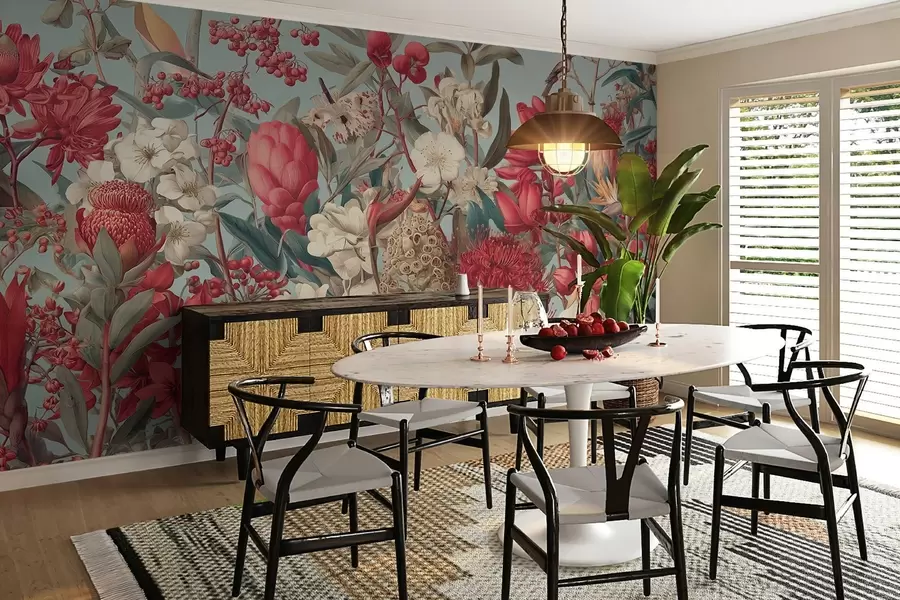 Valokuvatapetti kuvioitu trooppisia kukkia sinisellä taustalla w04209