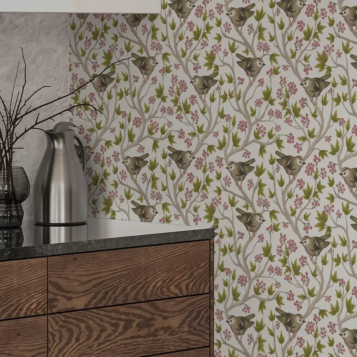 Taustakuva Lintuja oksilla, joissa on lehtiä ja marjoja valkoisella pohjalla a00283