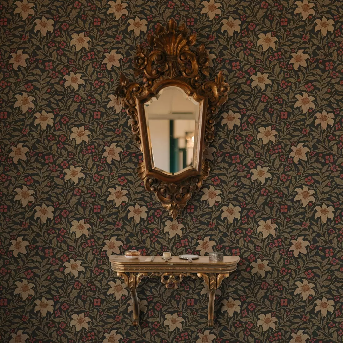 Taustakuva Tumma tausta, jossa keltaisia ja punaisia kukkia jugendtyyliin a00293