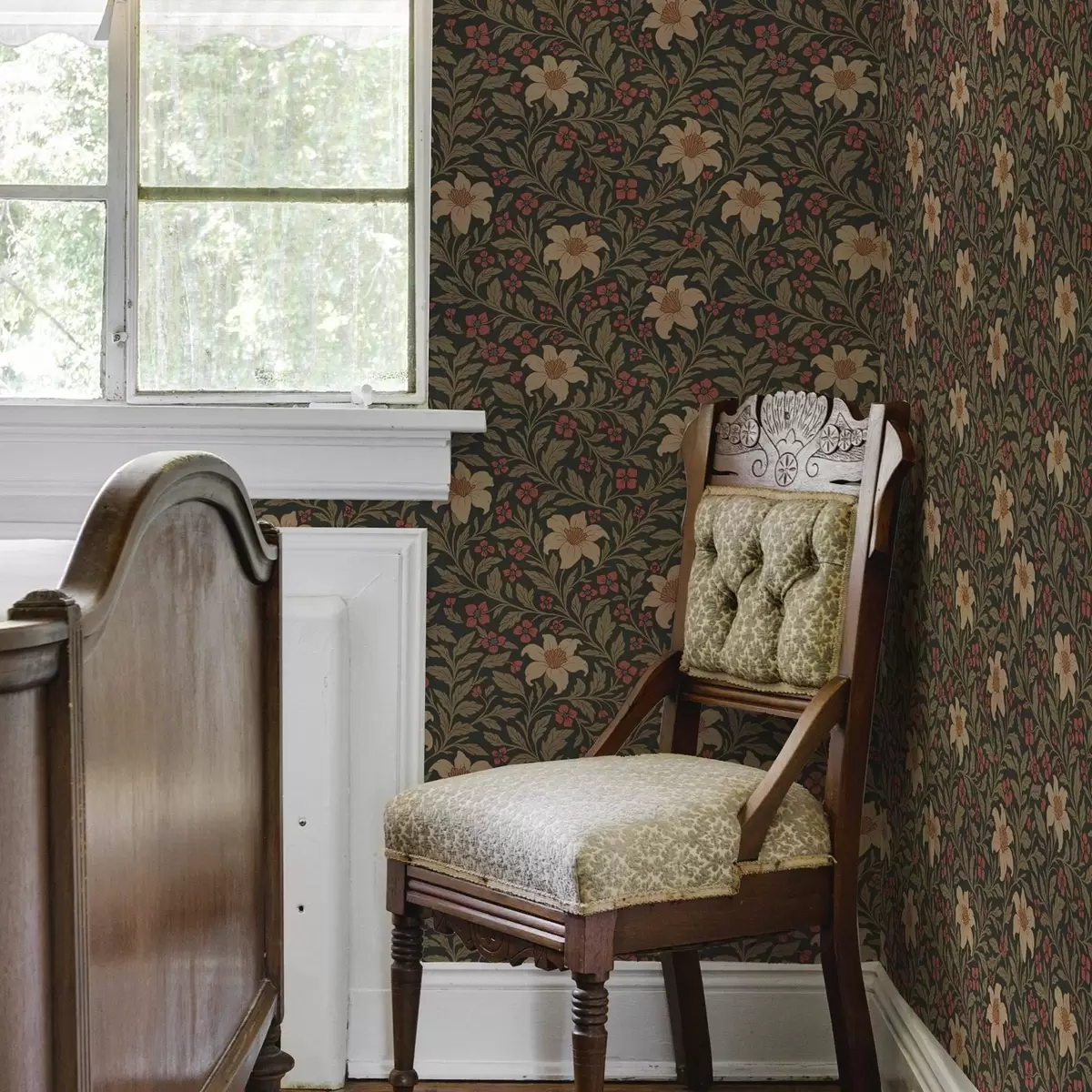 Taustakuva Tumma tausta, jossa keltaisia ja punaisia kukkia jugendtyyliin a00293