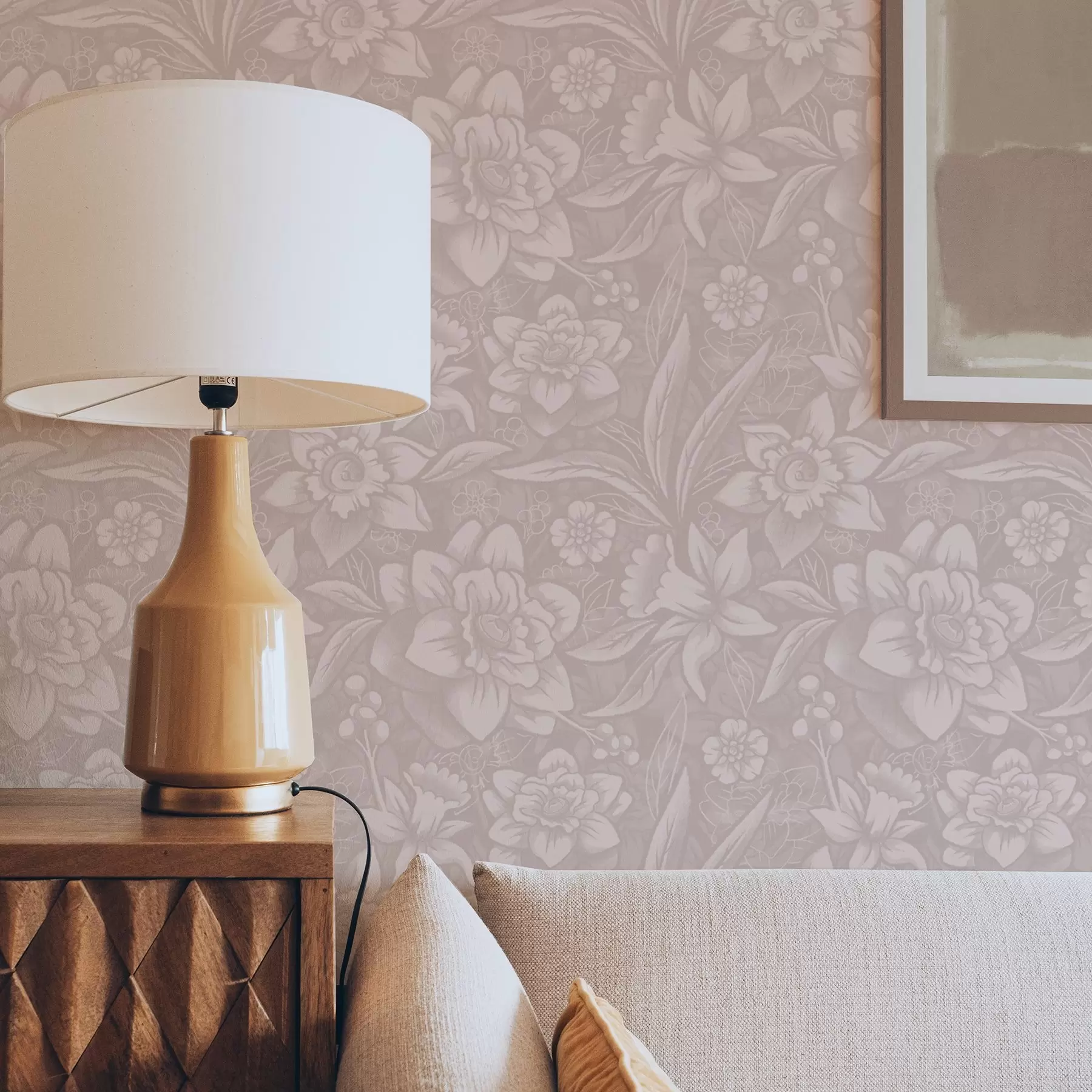 Valokuvatapetti Yksivärinen kukkakuvio, jossa narsisseja kermanvärisellä pohjalla a00294