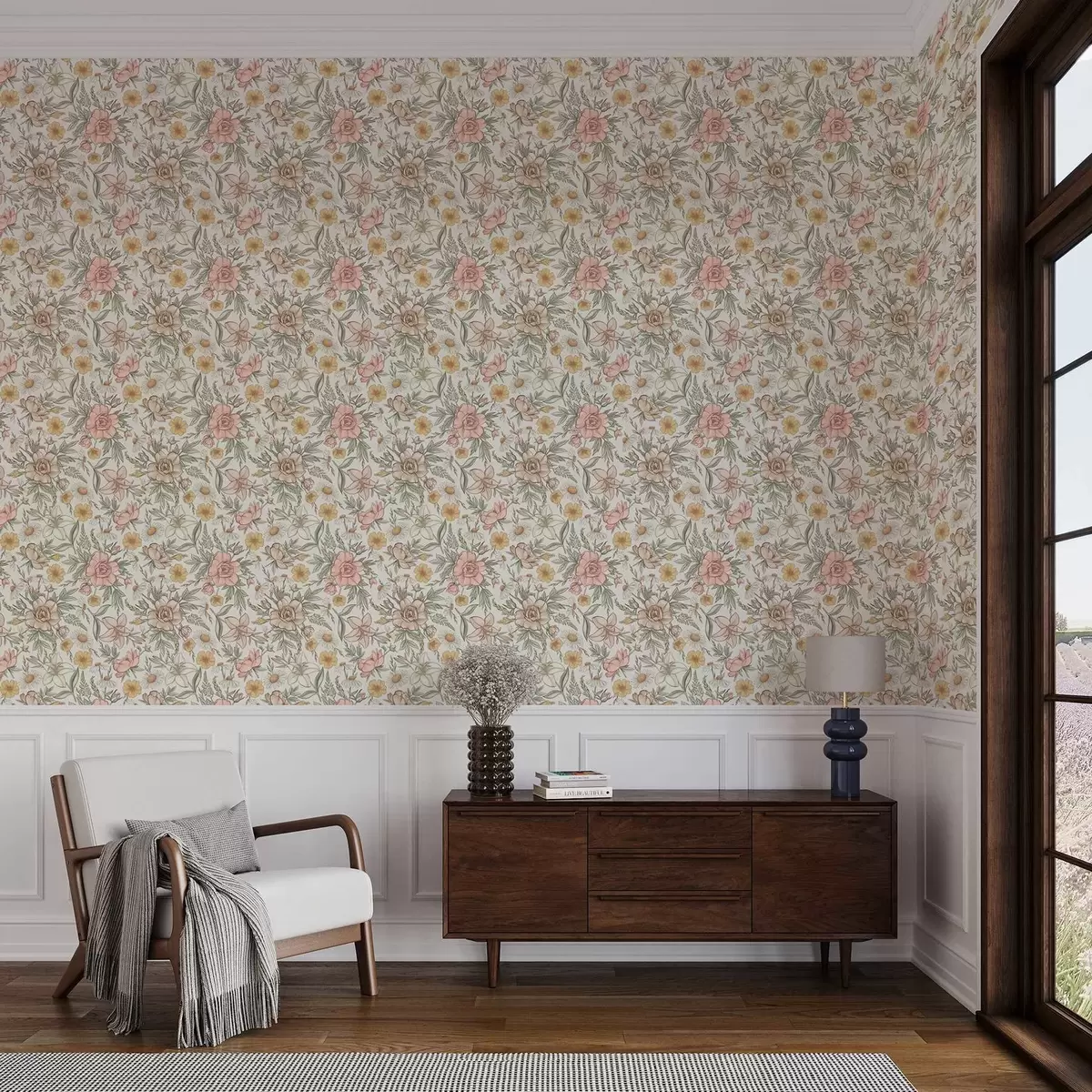 Taustakuva Päivänkakkaroita, pioneita, liljoja ja lehtiä herkissä väreissä a00299