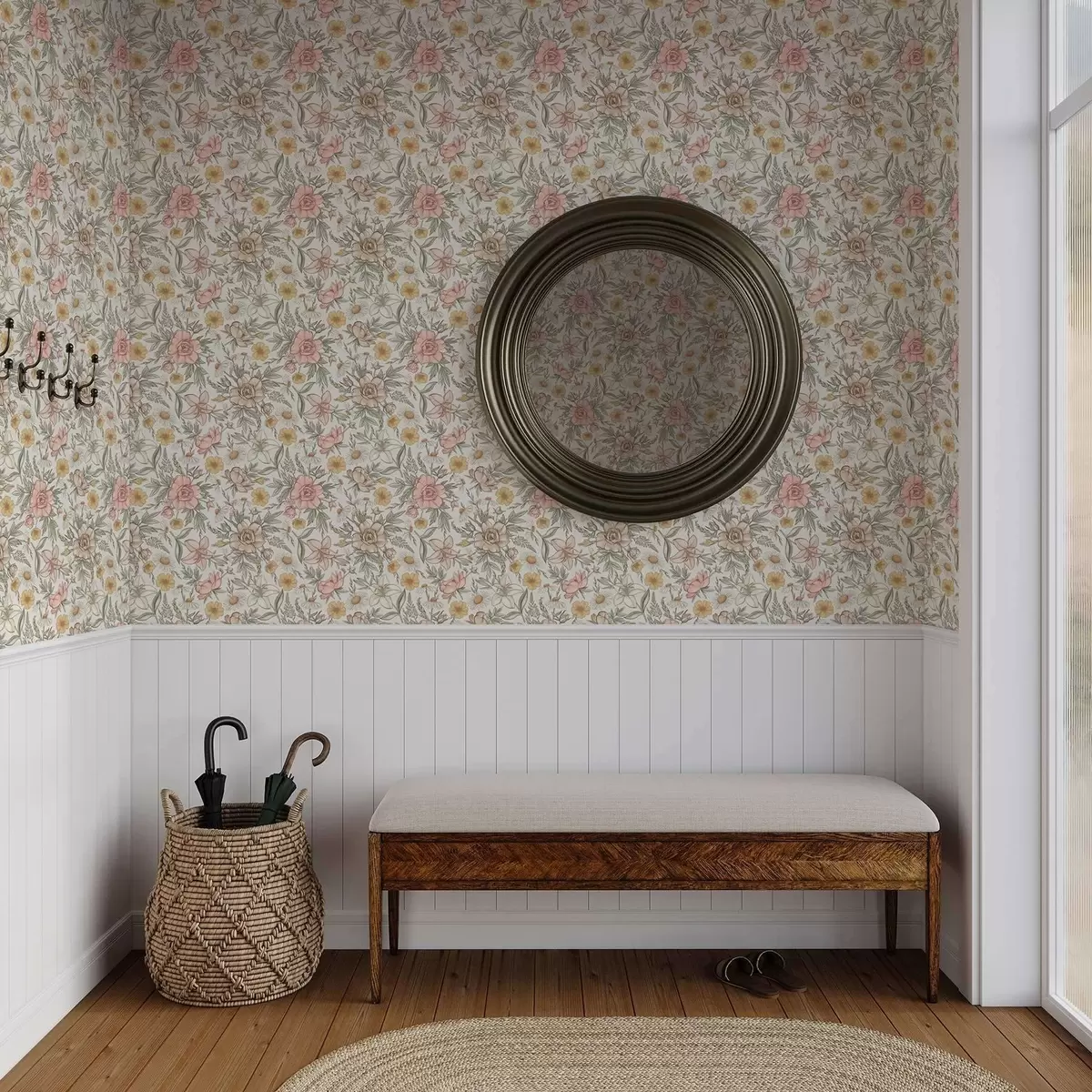 Taustakuva Päivänkakkaroita, pioneita, liljoja ja lehtiä herkissä väreissä a00299