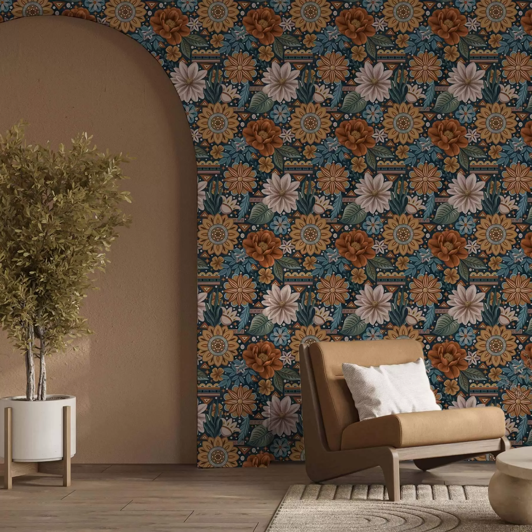 Valokuvatapetti Kirkkaat koristeelliset kukat geometrisilla elementeillä a00305