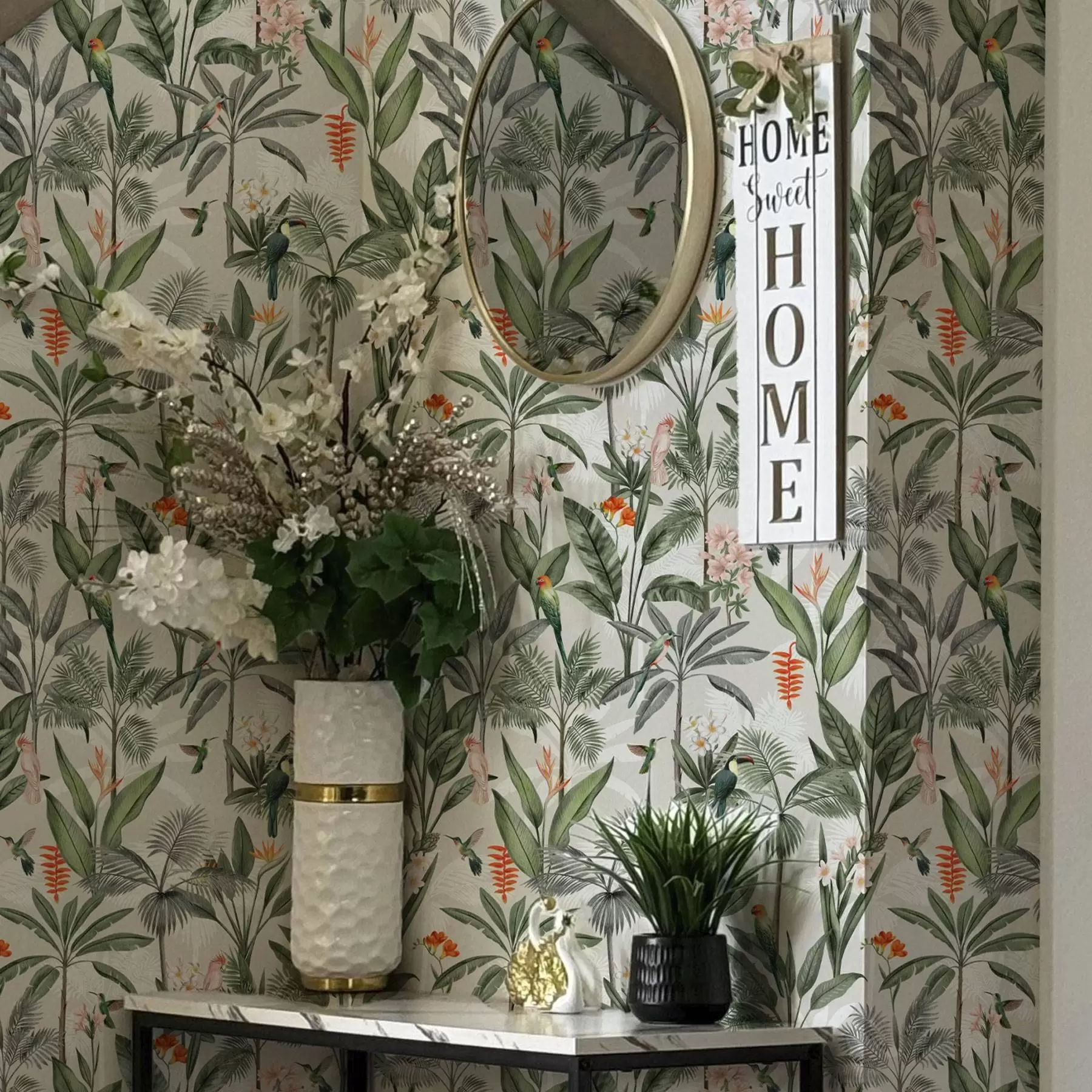 Valokuvatapetti Trooppisia lintuja palmunlehtien keskellä a00308