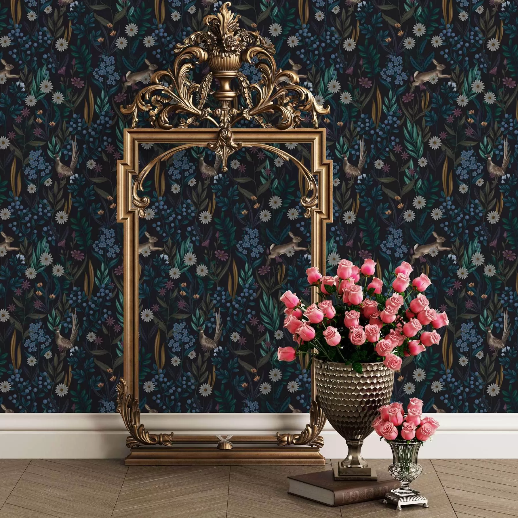 Valokuvatapetti Tumma metsä, jossa kukkia, jänis ja lintu a00310