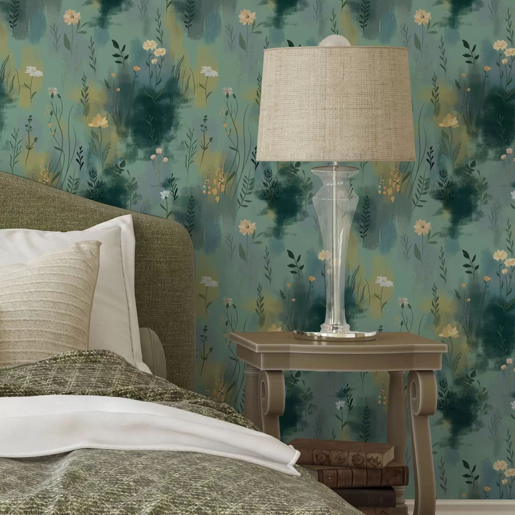 Valokuvatapetti Akvarelli abstraktio kukkia vihreällä taustalla a00312