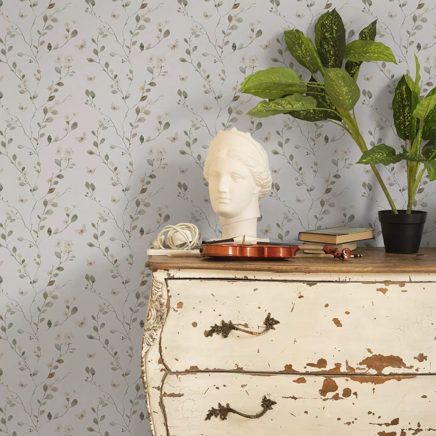 Valokuvatapetti Ohuet oksat kukkia ja perhosia valkoisella taustalla a00342