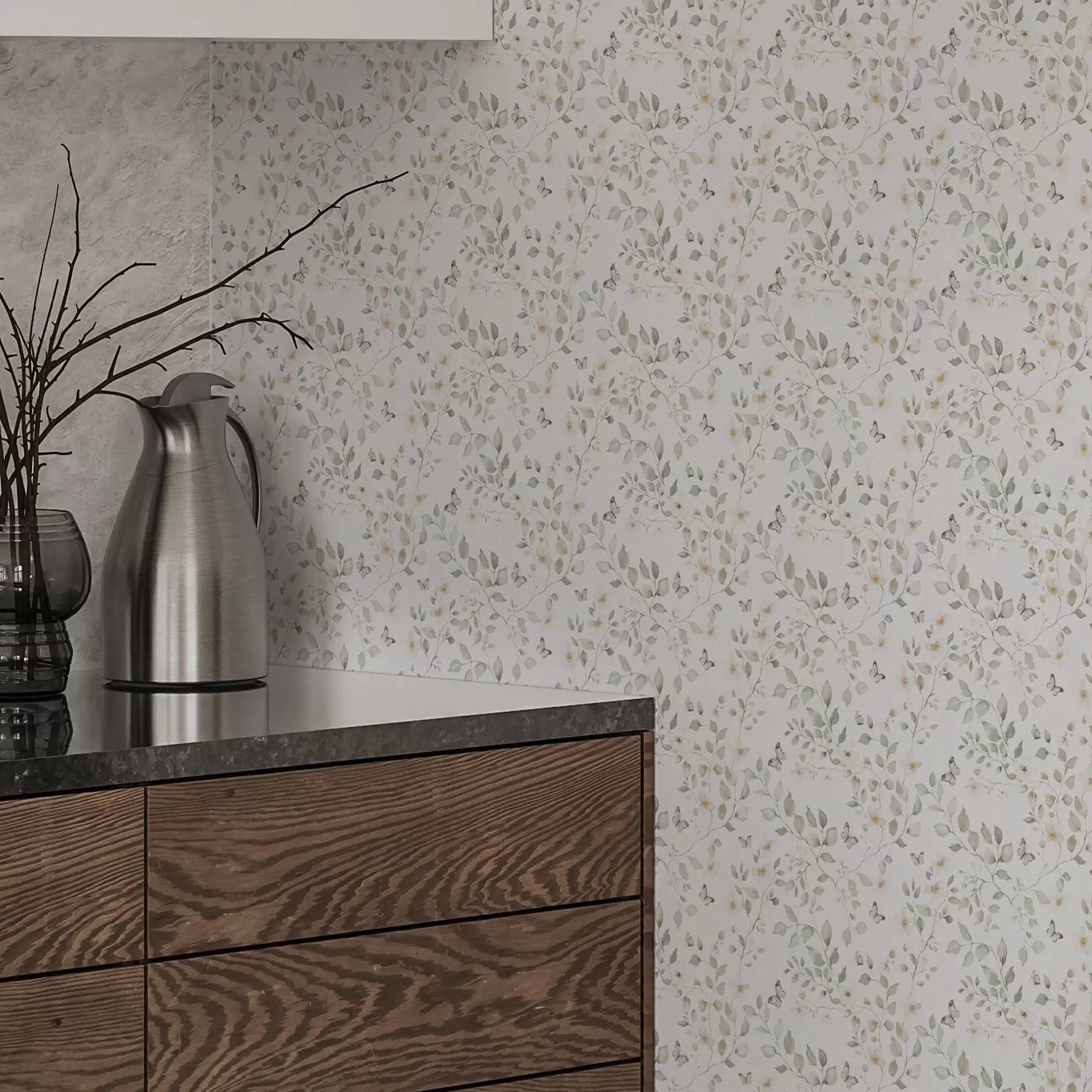 Valokuvatapetti Kevyet oksat, joissa on lehtiä ja kukkia pienessä toistossa a00343