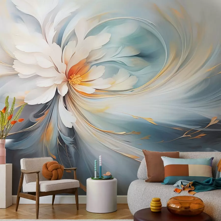 Valokuvatapetti Abstrakti kukka pehmeillä sinisen ja oranssin sävyillä w09270