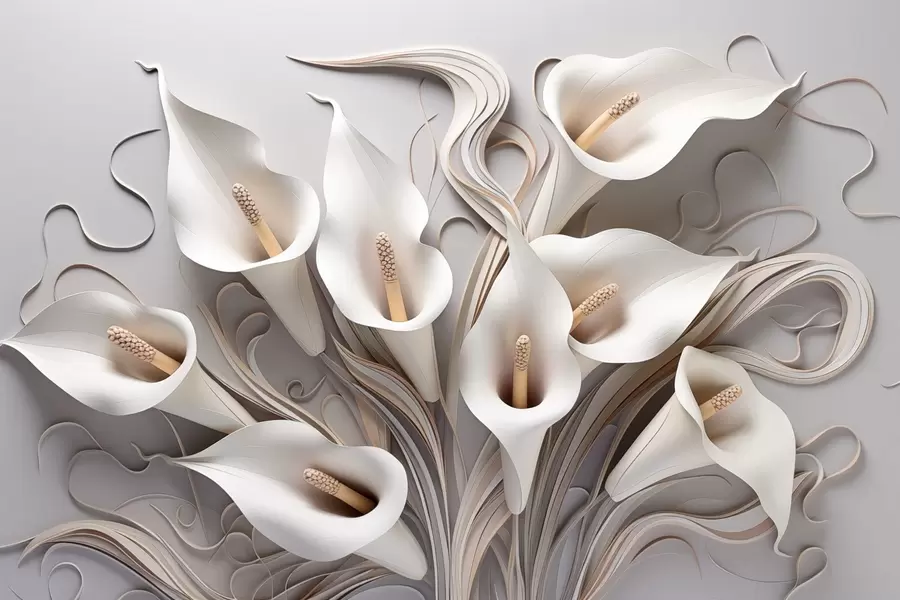 Valokuvatapetti Volumetriset kalla liljat kermanvärisissä sävyissä 3D-efektillä w09281