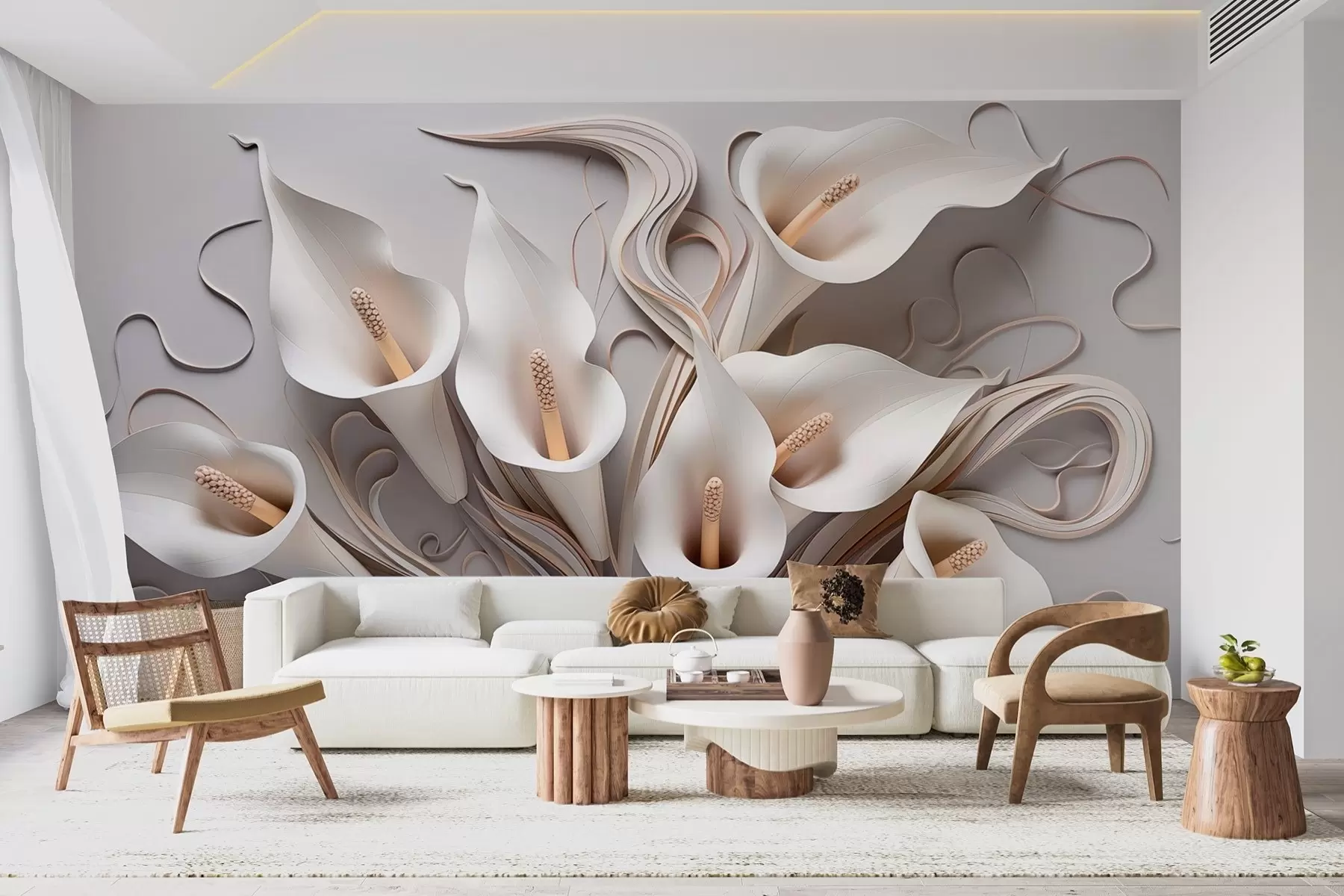 Valokuvatapetti Volumetriset kalla liljat kermanvärisissä sävyissä 3D-efektillä w09281