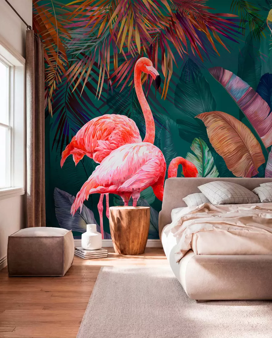 Valokuvatapetti Flamingot värillisissä tropiikissa u80403