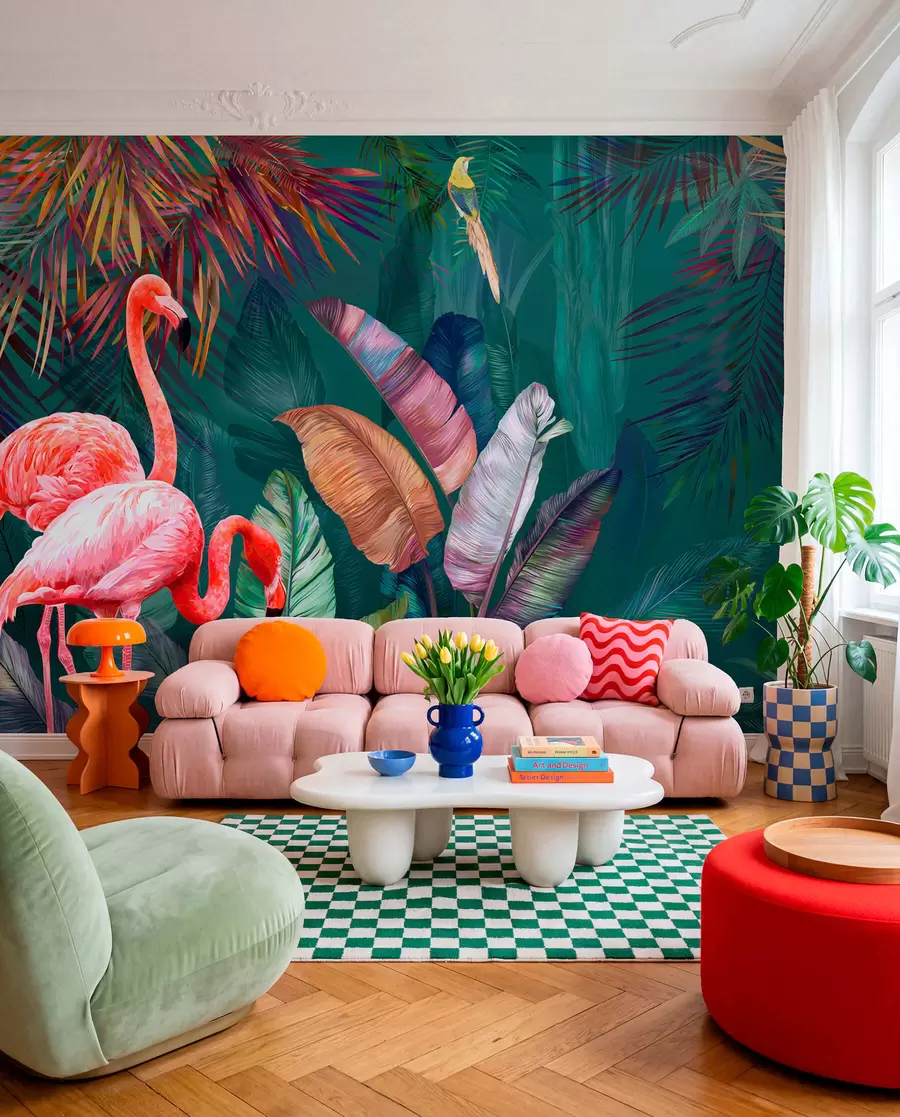 Valokuvatapetti Flamingot värillisissä tropiikissa u80403