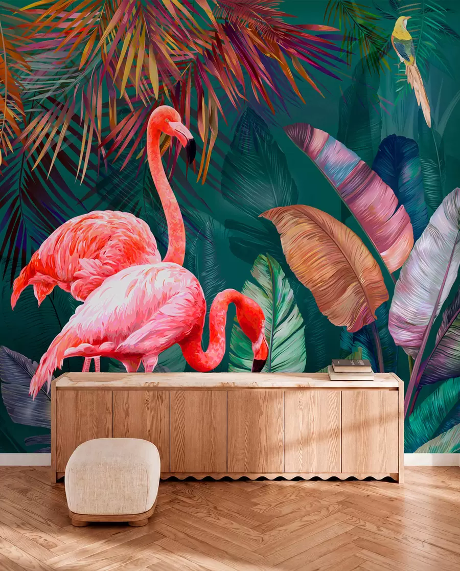 Valokuvatapetti Flamingot värillisissä tropiikissa u80403