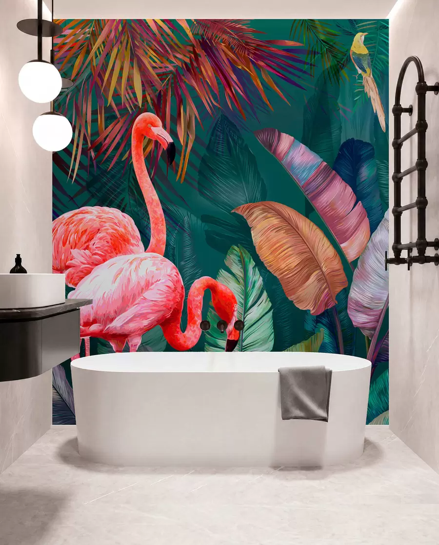 Valokuvatapetti Flamingot värillisissä tropiikissa u80403