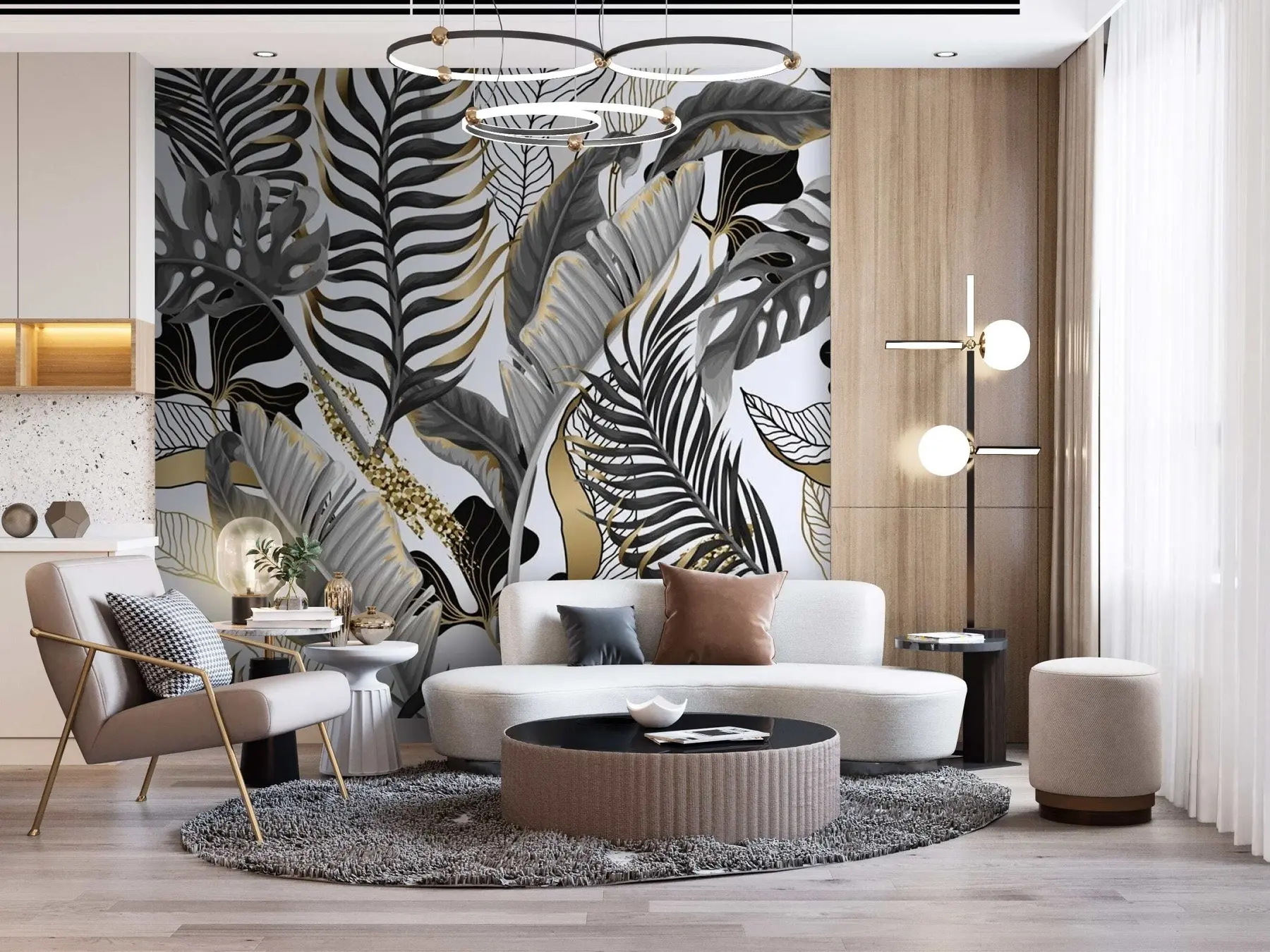 Valokuvatapetti Trooppiset lehdet harmaa valkoinen tausta u71888