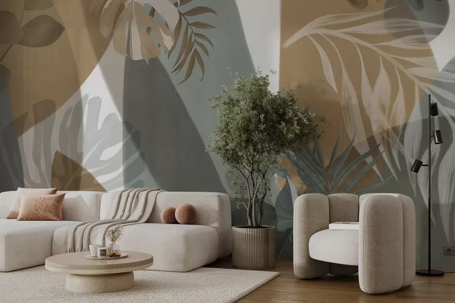 Valokuvatapetti Monstera lehdet ja palmunlehdet kuviossa, jossa on ruskeita, valkoisia ja vihreitä värejä, trooppinen tunnelma, abstrakteja muotoja, koristeellinen w09288