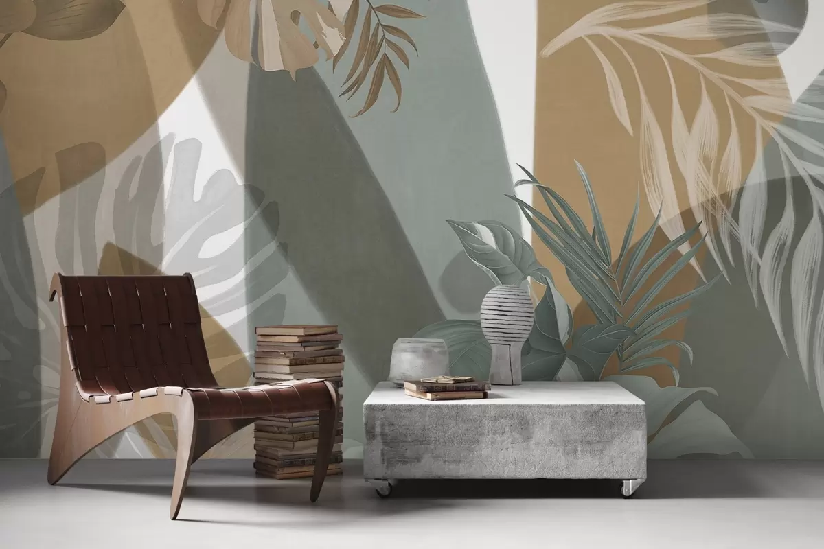 Valokuvatapetti Monstera lehdet ja palmunlehdet kuviossa, jossa on ruskeita, valkoisia ja vihreitä värejä, trooppinen tunnelma, abstrakteja muotoja, koristeellinen w09288