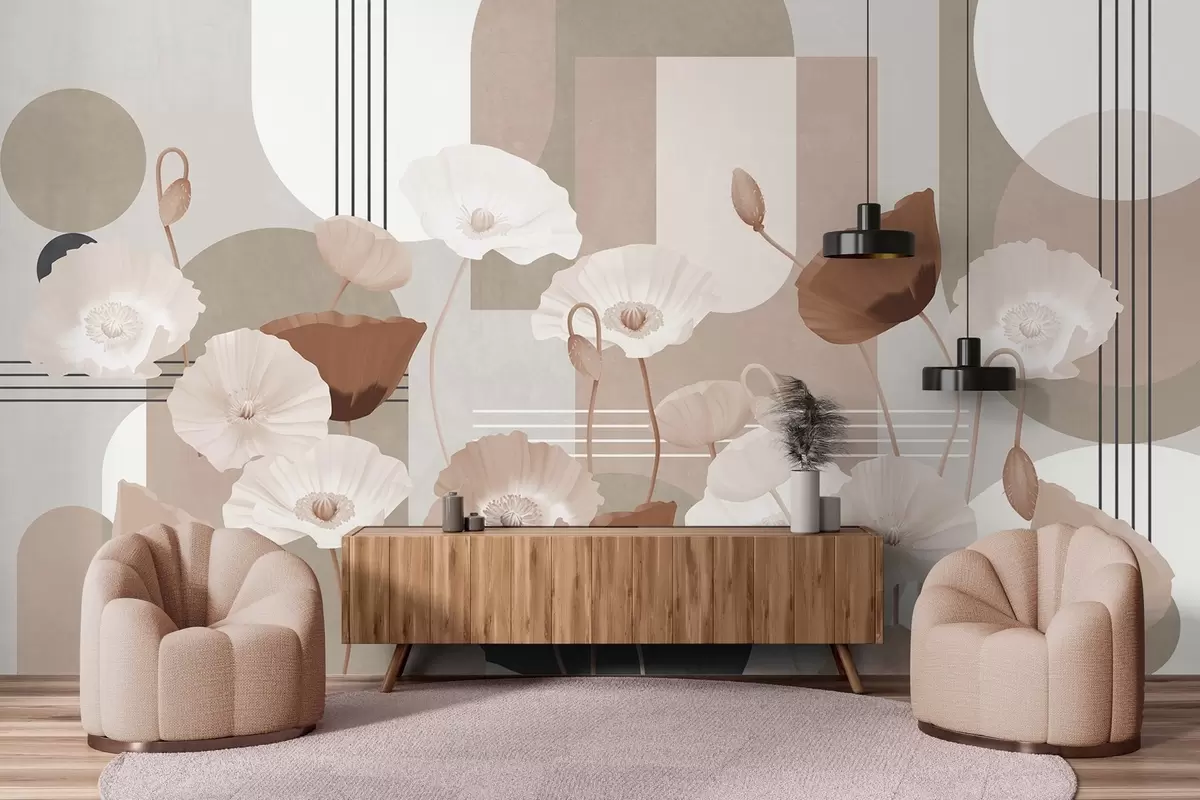 Valokuvatapetti Unikot valkoisissa ja beigeissä väreissä, geometriset muodot taustalla, ympyrät ja kaaret, minimalistinen tyyli, pehmeät värit w09289