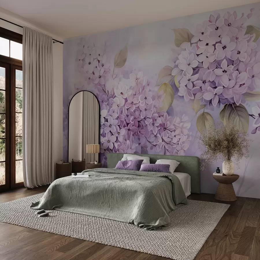 Valokuvatapetti Lilac kuvioitu kukkia vaalean violetti terälehdet, vaaleanvihreät lehdet, akvarelli tyyli, pehmeä, pastellivärit, herkkä siveltimenvedot w09291