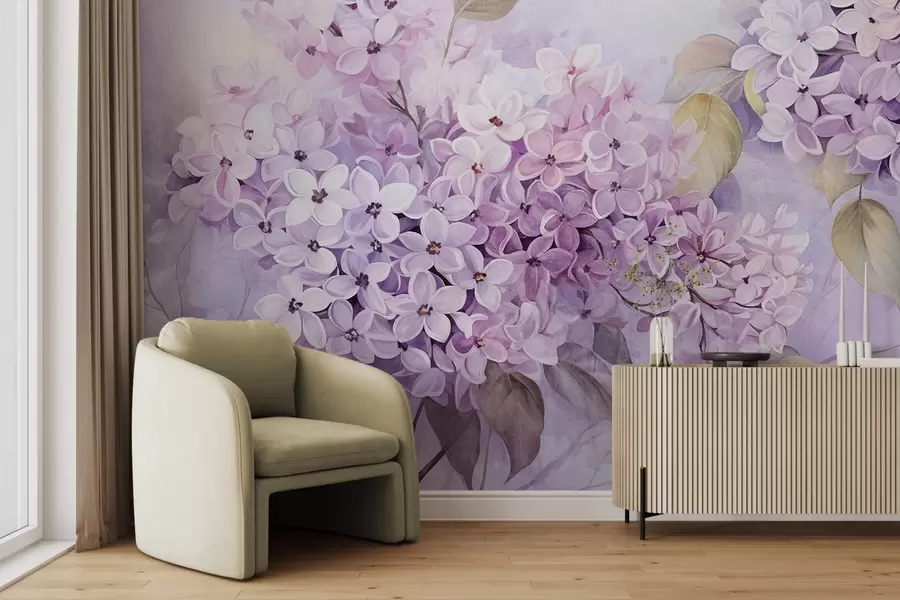 Valokuvatapetti Lilac kuvioitu kukkia vaalean violetti terälehdet, vaaleanvihreät lehdet, akvarelli tyyli, pehmeä, pastellivärit, herkkä siveltimenvedot w09291