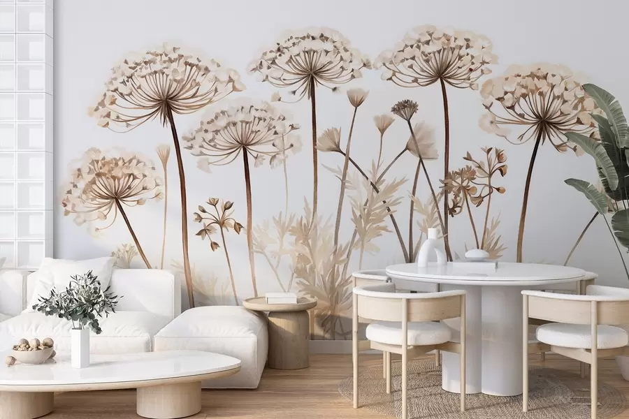 Valokuvatapetti Queen Anne's Lace kukkia kentällä, kuvioitu maalausjäljitelmä, ruskea, beige ja valkoinen väripaletti, kasvitieteellinen kuvitus w09294