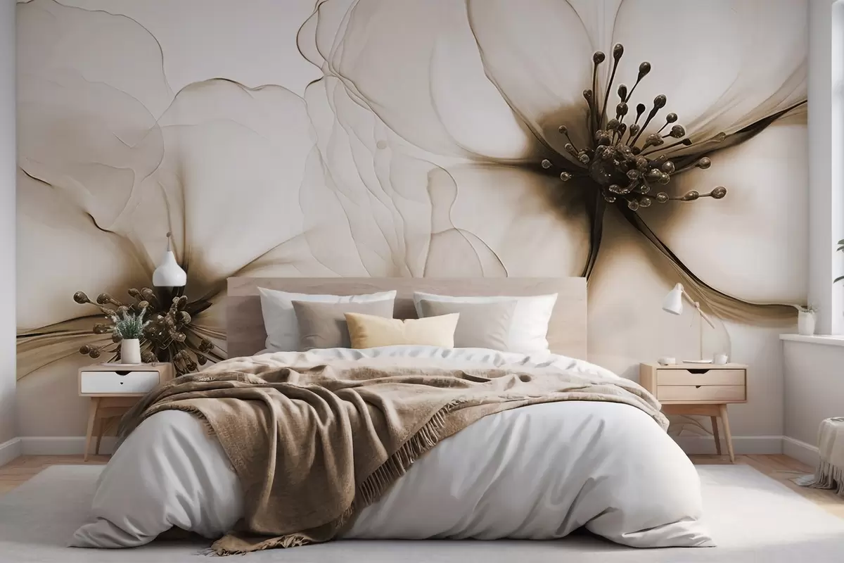 Valokuvatapetti Kaksi läpikuultavaa ruskeaa kukkaa, joissa on näkyvät heteet, päällekkäiset hennot terälehdet ja pehmeä, virtaava rakenne w09295