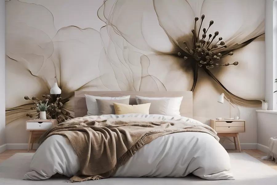 Valokuvatapetti Kaksi läpikuultavaa ruskeaa kukkaa, joissa on näkyvät heteet, päällekkäiset hennot terälehdet ja pehmeä, virtaava rakenne w09295