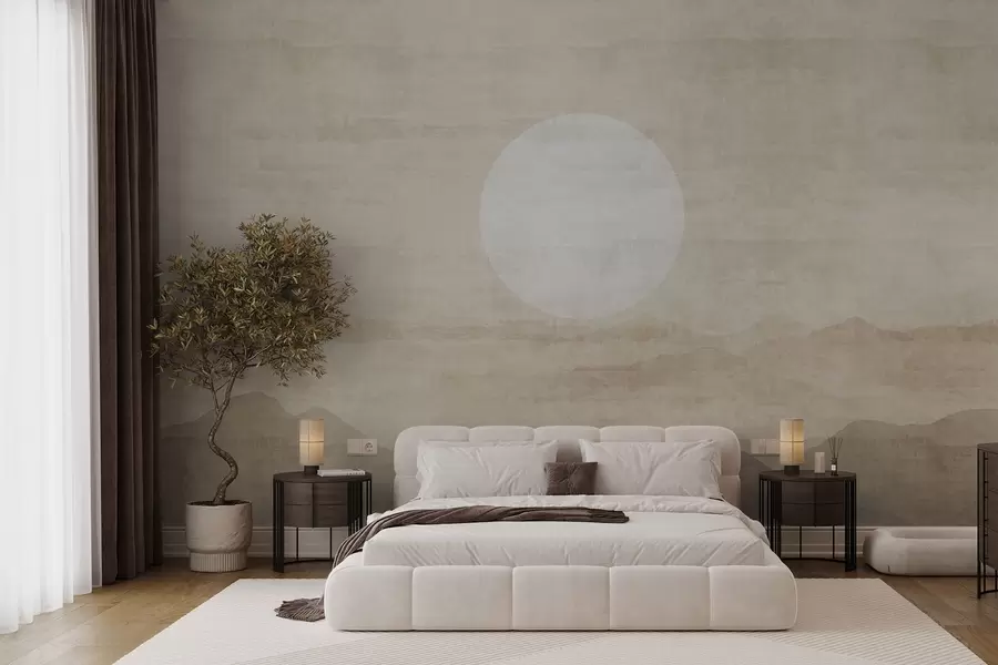 Valokuvatapetti Minimalistinen vuoristomaisema, jossa on suuri valkoinen aurinko w04345