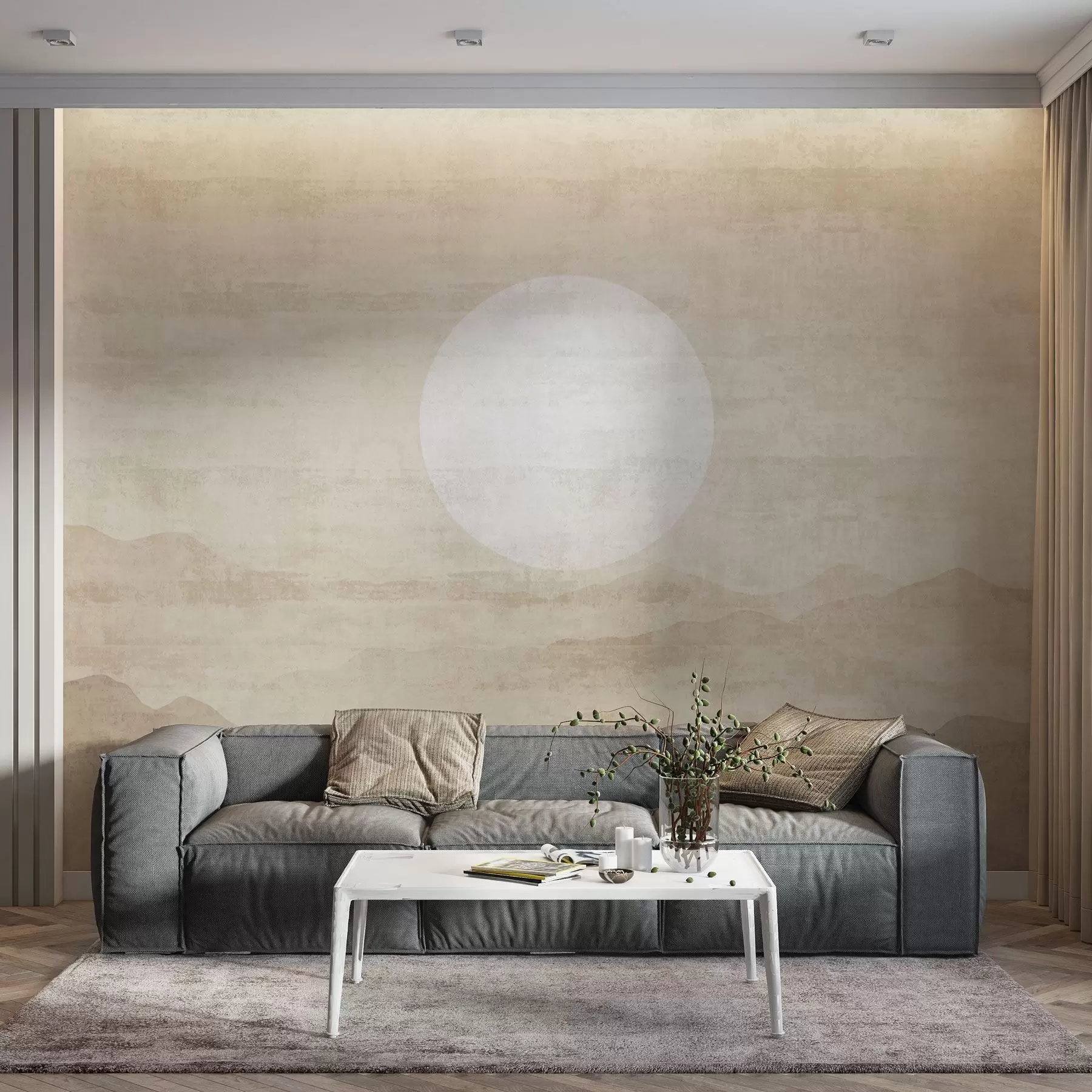 Valokuvatapetti Minimalistinen vuoristomaisema, jossa on suuri valkoinen aurinko w04345