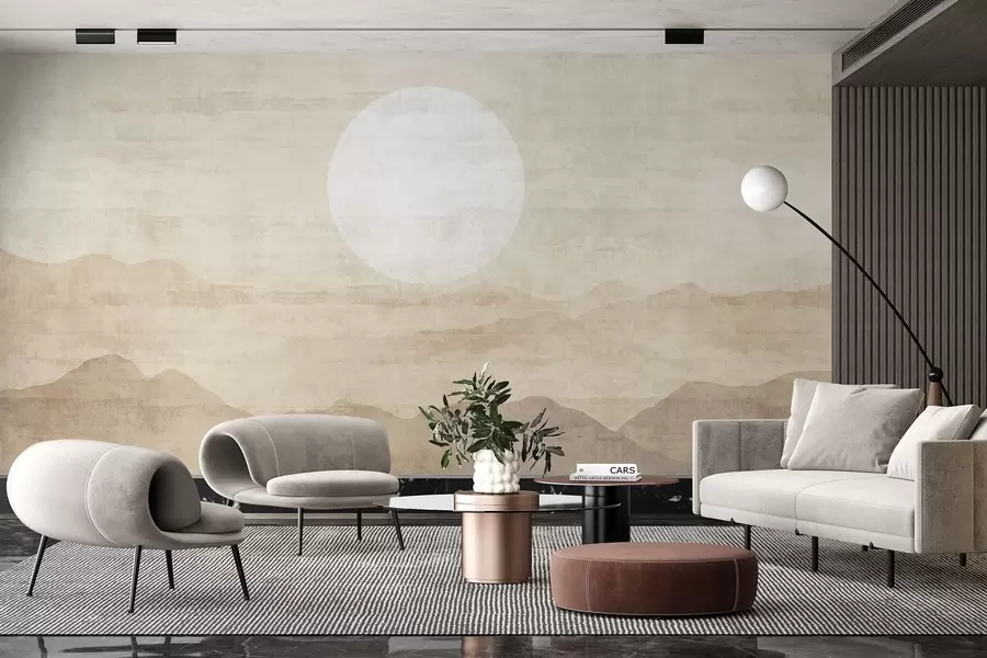 Valokuvatapetti Minimalistinen vuoristomaisema, jossa on suuri valkoinen aurinko w04345