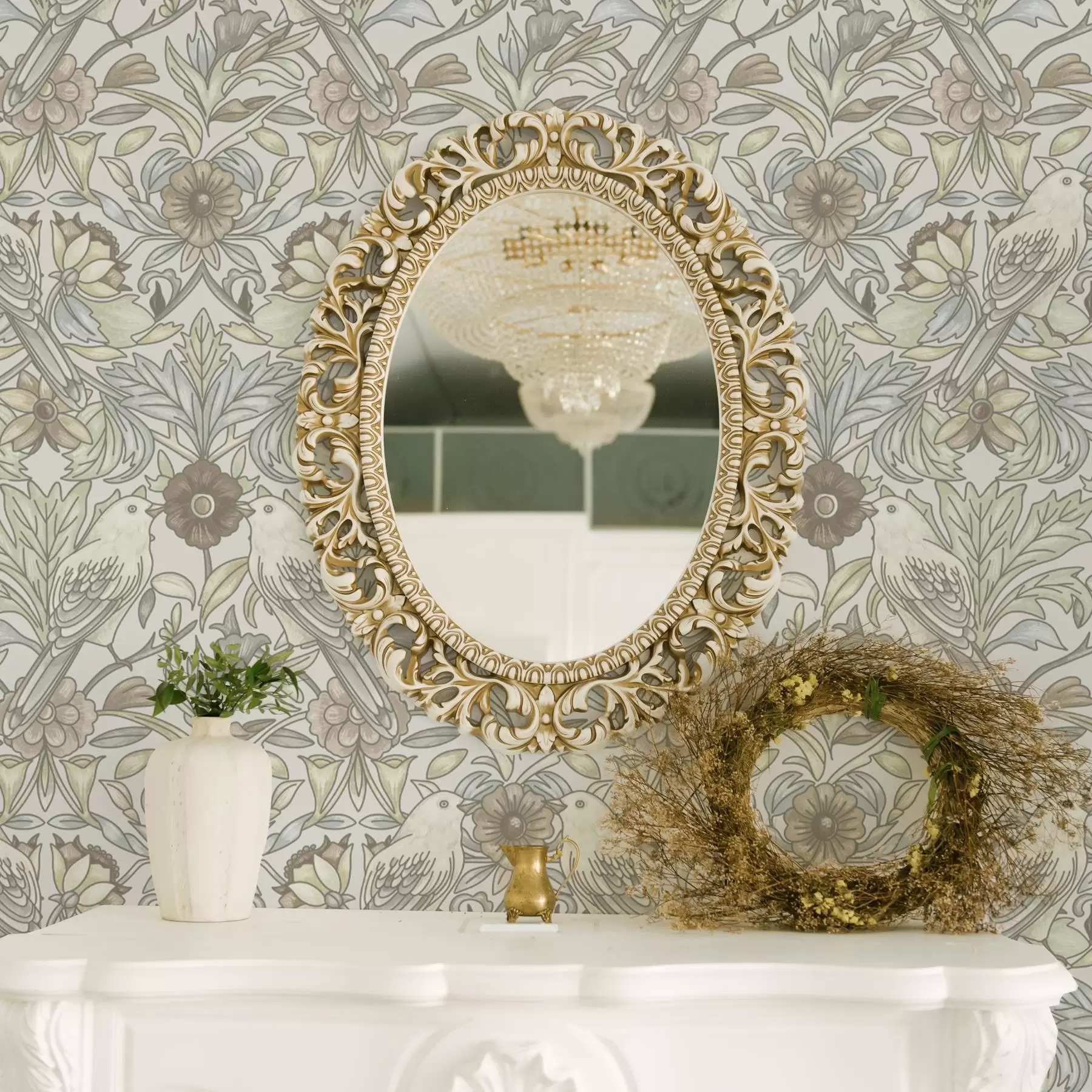 Valokuvatapetti Jugendtyyliset linnut ja pastelliväriset tyylitellyt kukat a00385