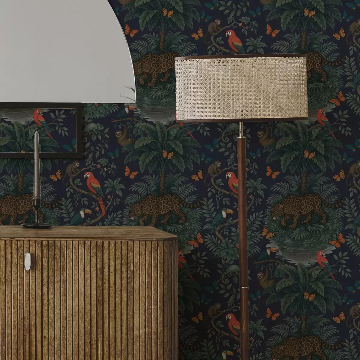 Taustakuva Trooppinen viidakko leopardin, leopardin, papukaijojen ja perhosten kanssa a00388