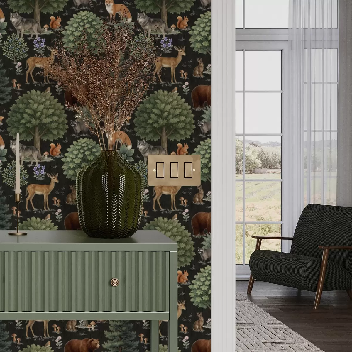 Taustakuva Akvarelli metsän eläimiä puita ja sieniä kanssa a00391