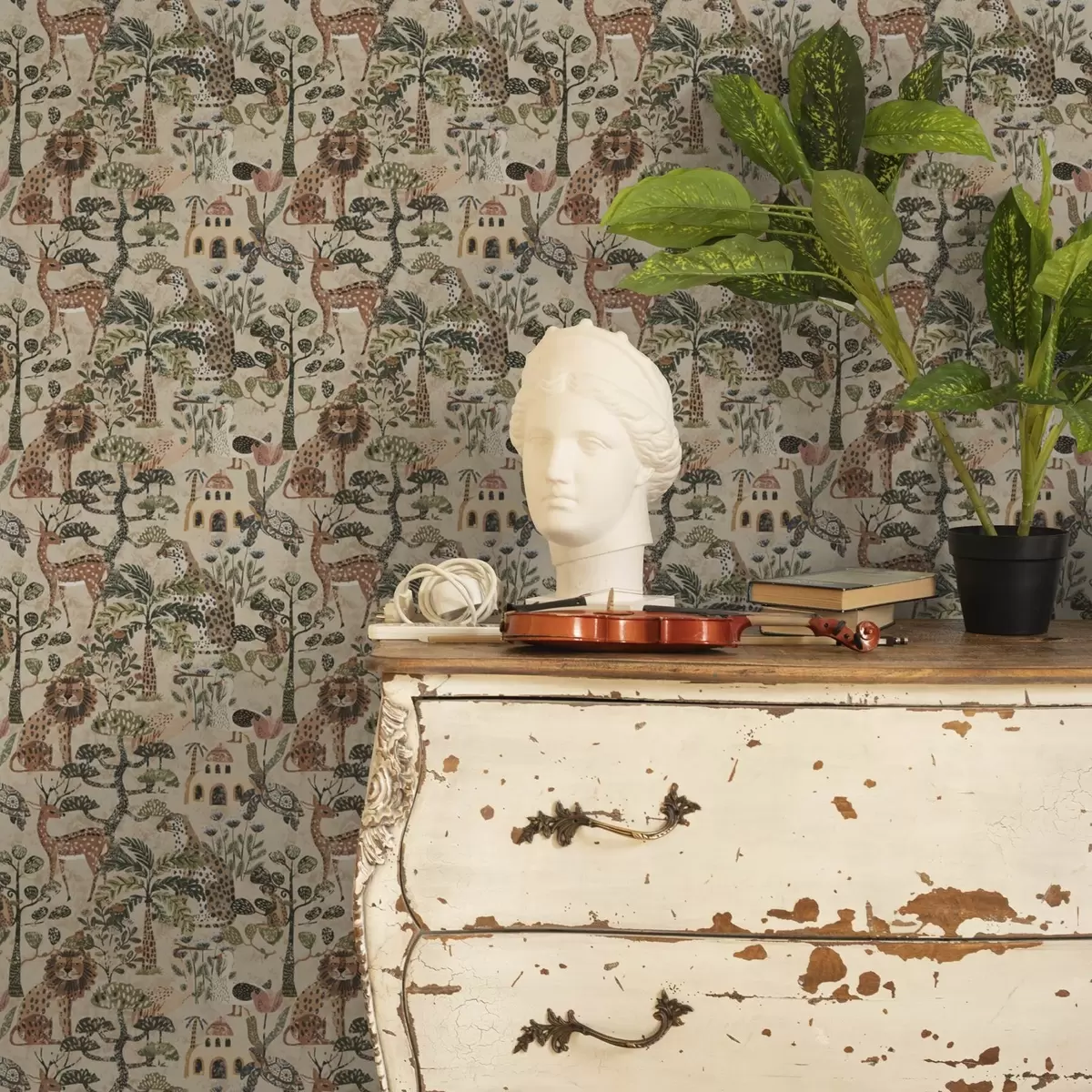 Taustakuva Safarin eläimiä ja savannin lehtiä lämpimissä maanläheisissä sävyissä a00392